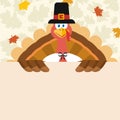 Happy Pilgrim Turkey Bird Cartoon Mascot Character Holding A Blank Sign Royalty Free Stock Photo