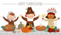 Happy pilgrims and native American Indian give thanks for the food. Thanksgiving Day characters and traditional holiday meal