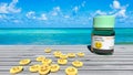 Happy pills, smiley tables, sadness treatment, perfect blue ocean and a sunny day Royalty Free Stock Photo