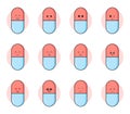 Happy pills are smiling. Cute pills and tablets on a white background. Medicines with emotions, eyes, a smile, happiness