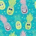 Happy pineapple faces seamless repeat pattern