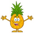Happy Pineapple Fruit With Green Leafs Cartoon Mascot Character With Open Arms For Hugging