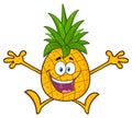 Happy Pineapple Fruit With Green Leafs Cartoon Mascot Character With Open Arms Jumping.