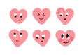 Happy pink love hearts stickers set with diverse emotions. Love expression y2 style.