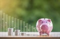 Happy pink Piggy Bank in close-up and coins stack with line control in graph Screen Icon on nature background Royalty Free Stock Photo