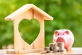 Happy Pink Piggy Bank and Home wooden in close-up and coins stack in the nature background, Saving ideas and investment budget, B Royalty Free Stock Photo