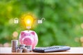 Happy Pink Piggy Bank and Light bulb in close-up and coins stack in the nature background, Saving ideas and investment budget, Bu Royalty Free Stock Photo