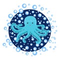 Happy Pink, Turquoise Octopus Cartoon Mascot Character. Marine inhabitants, Scandinavian style, hand drawn