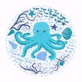 Happy Pink, Turquoise Octopus Cartoon Mascot Character. Marine inhabitants, Scandinavian style, hand drawn