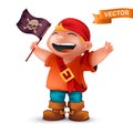 Happy pirate boy with jolly Roger or crossed bones skull on black waving flag. Vector illustration of laughing kid character Royalty Free Stock Photo