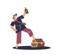 Happy pirate cartoon holding bottle of rum with leg on treasure gold box, Sea sailor, ship captain