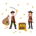 Happy pirates boy and girl with saber, cocked hat, bag of gold coins and chest of gold