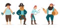 Happy pirates vector set. Four different characters: the captain of the ship, a young cabin boy and two big sailors Royalty Free Stock Photo