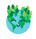 Happy planet earth emoticon with green tree