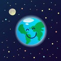 Happy planet Earth mascot in the space - healthy and clean smiling world, ecological card poster, banner, ad template