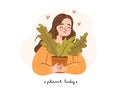 Happy plant lady. Young woman plant lover embracing a potted houseplant. Cute girl character on white background. Flat