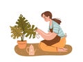 Happy plant lady. Young woman plant lover taking care of houseplant. Girl with potted plant. Flat vector illustration on Royalty Free Stock Photo