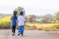 Happy playful children playing outdoors. Asian kids playing in garden, Back view of boy and girl Royalty Free Stock Photo