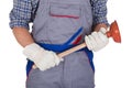 Happy plumber holding plunger Royalty Free Stock Photo