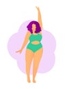 A happy plump girl in a green swimsuit. Body positive. Love your body. Girls on the beach. Acceptance of your body