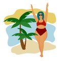 A happy plump girl in a red bathing suit by a palm tree. The body is positive. Love your body. Girls on the beach. Acceptance of Royalty Free Stock Photo