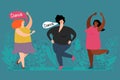 Happy plump women dance vector. Cute fatty ladies and plants illustration