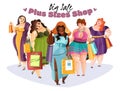 Happy plump women with purchases after plus sizes shop with big sale flat
