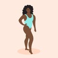 Happy plus size afro american woman in swimsuit. Body positive, acceptance, feminism, fitness, sport concept. Attractive