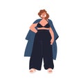 Happy plus-size fat woman in modern fashion clothes. Chunky chubby body-positive girl standing in trendy apparel Royalty Free Stock Photo