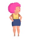 Happy plus size woman with pink hair illustration. Curvy young lady, smiling pinkhead girl in casual clothes cartoon