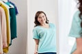 Happy plus size woman posing at home mirror Royalty Free Stock Photo