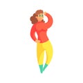 Happy Plus Size Woman In Red Sweater And Yellow Pants Enjoying Life, Smiling Overweighed Girl Cartoon Characters