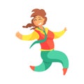 Happy Plus Size Woman In Red Vest And Green Pants With Plat Running, Enjoying Life, Smiling Overweighed Girl Cartoon