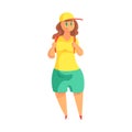 Happy Plus Size Woman In Shorts And Summer Top Hiking With Backpack, Enjoying Life, Smiling Overweighed Girl Cartoon