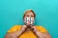 Happy plus size woman wearing face mask portrait - Curvy overweight model having fun posing in front camera Royalty Free Stock Photo