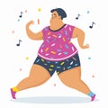 Happy plussize woman dancing joyfully music notes confetti around vibrant illustration. Overweight