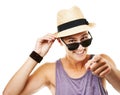 Happy, pointing and portrait of a man in clothes for summer, fashion and greeting. Smile, sunglasses and a young person Royalty Free Stock Photo