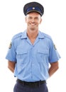 Happy police officer and man isolated on a white background for career vision, leadership and studio portrait. Security