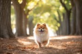 A happy pomeranian on a bright forest alley