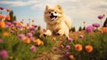 happy Pomeranian pet dog running in flowers