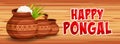 Happy Pongal cartoon style banner for harvest festival celebration with traditional clay pots, sugar cane leaves and wheat Royalty Free Stock Photo