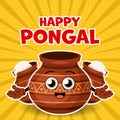 Happy Pongal cartoon style card for harvest festival celebration with cheerful tradional clay pot cartoon characters