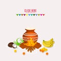 Happy Pongal celebration greeting card design with rice mud pot, flowers, banana, coconut, sugar canes