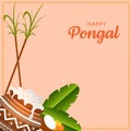 Happy Pongal Celebration Greeting Card With Traditional Dish In Mud Pot, Banana Leaves, Half Coconut, Marigold Flower And