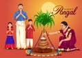 Happy Pongal celebration with sugarcane, Rangoli and pot of rice. Tamil family offering prayers. Indian cultural festival