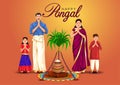 Happy Pongal celebration with sugarcane, Rangoli and pot of rice. Tamil family offering prayers. Indian cultural festival