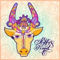 happy pongal handwritten ink lettering inscription on floral paisley pattern with cow