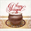 happy pongal handwritten ink lettering inscription on floral paisley pattern