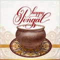 happy pongal handwritten ink lettering inscription on floral paisley pattern