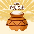 Happy pongal harvest festival celebration card with crock pot and clouds background